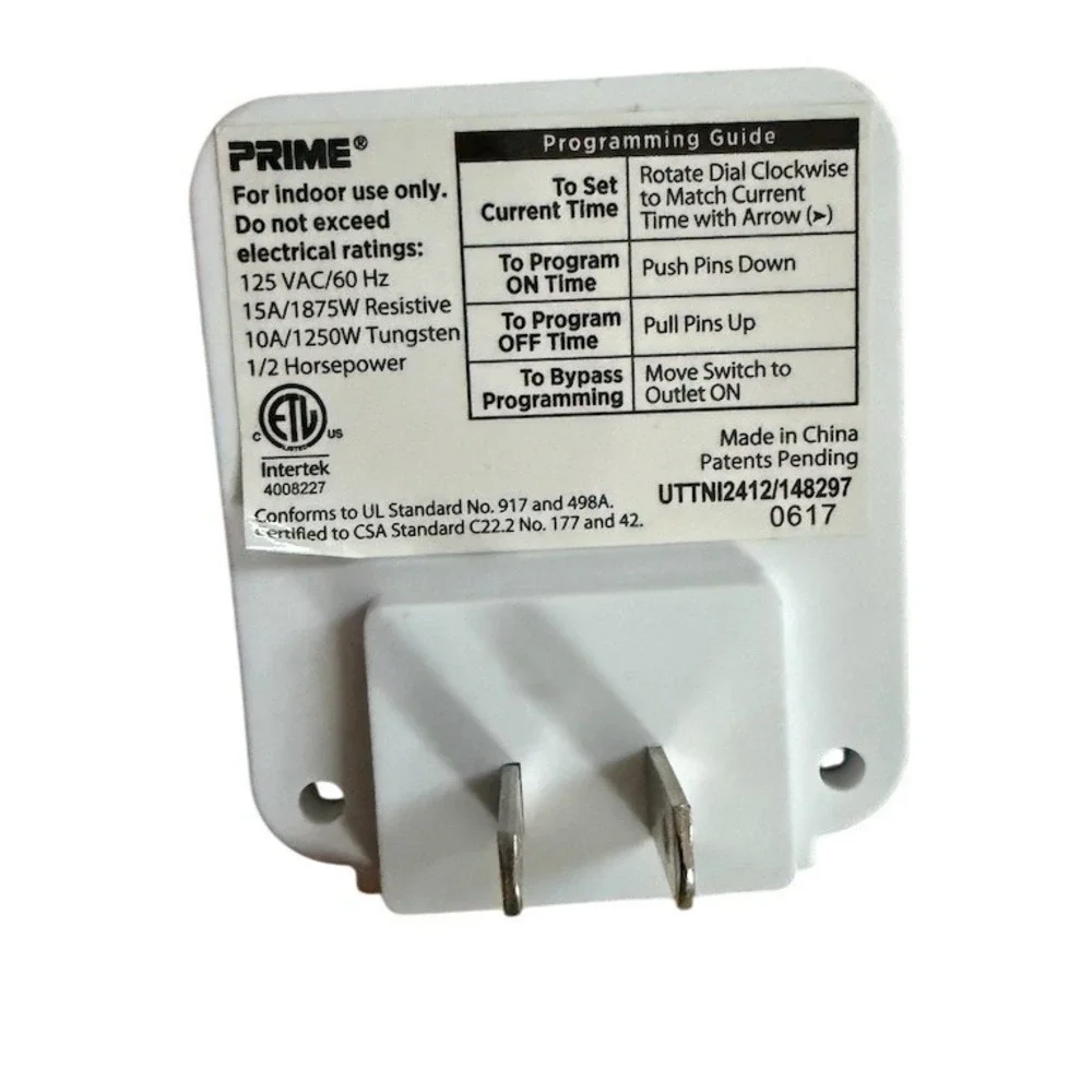 Prime 24-Hour Indoor Mechanical Plug-In Outlet Timer 1-Outlet‎ 15A
